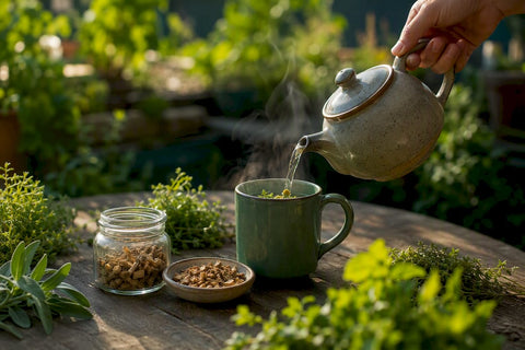 Hand pouring hot water over herbal tea in morning light