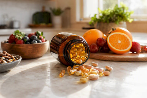 B vitamin supplement capsules spilled on wood