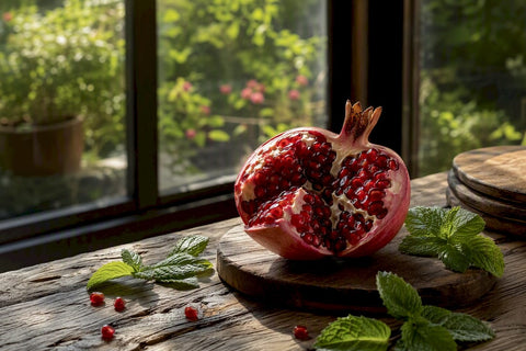 Close-up of fresh cut pomegranate seeds on plate