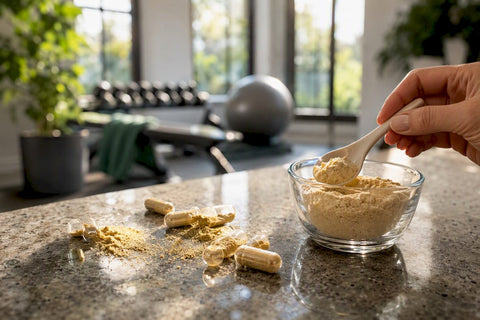 Capsules and powder supplements spilling on wooden counter
