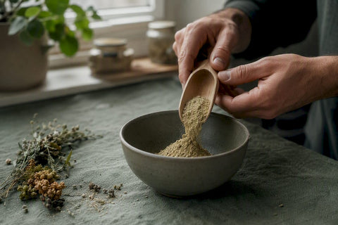 Hands measuring herbal supplement powder