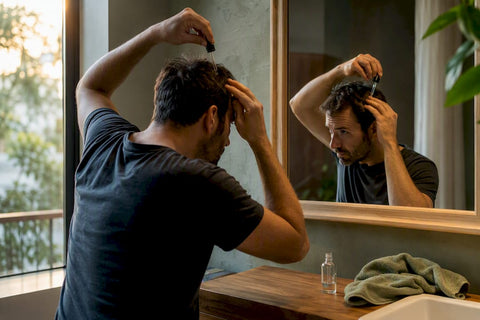 Man applying topical scalp treatment to scalp