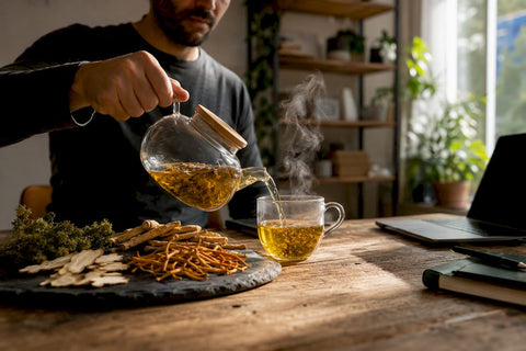 Pouring herbal adaptogen tea at home