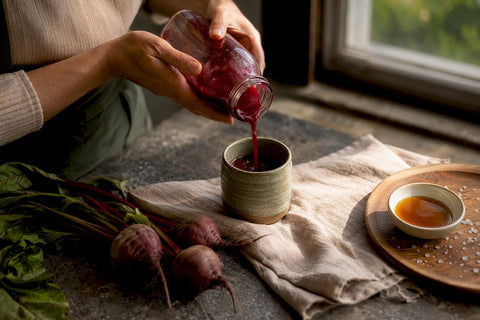 Hand pouring fresh beetroot juice glass