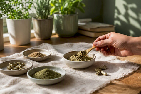 Organic herbal powders and capsules on kitchen counter