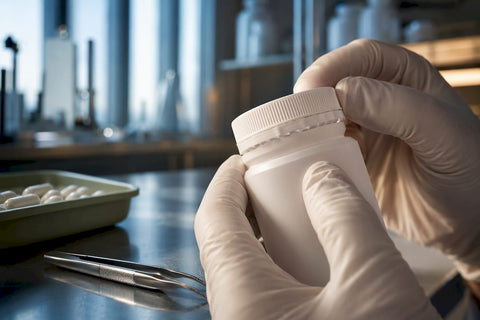 Technician inspecting supplement container seal