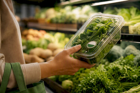 Shopper inspecting organic certification seal