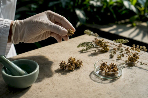 Dried tribulus fruit under botanical examination