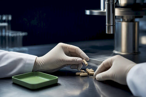 Technician inspecting anonymous supplement capsules
