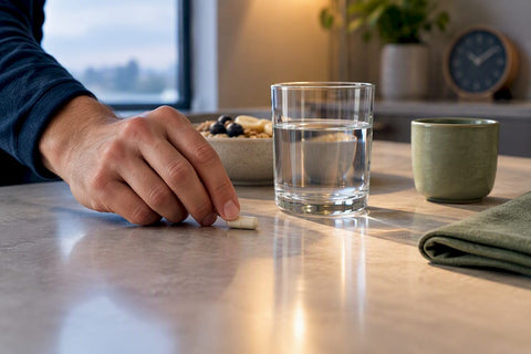 Man taking a capsule during morning routine
