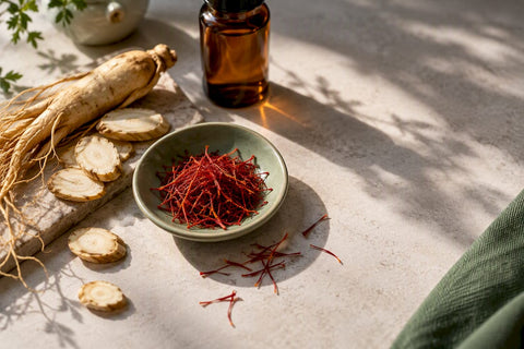 Saffron threads and ginseng root on research table
