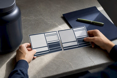 Hands reviewing anonymous supplement label panels