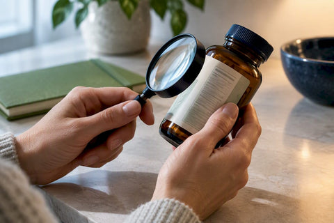 Hands inspecting a supplement label closely