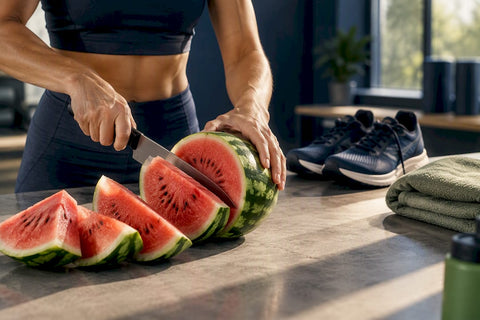 Athlete preparing watermelon before training