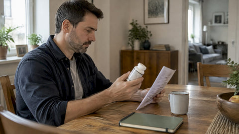 Man checking supplement label against certificate