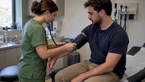 Clinician checking a younger man's blood pressure