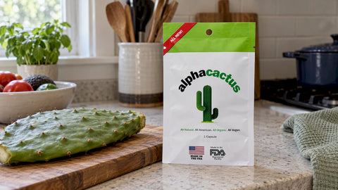 Alpha Cactus package beside a fresh cactus pad