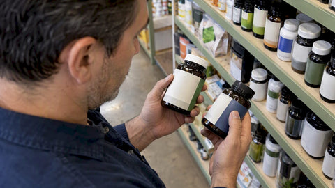 Shopper inspecting supplement bottle labels in store