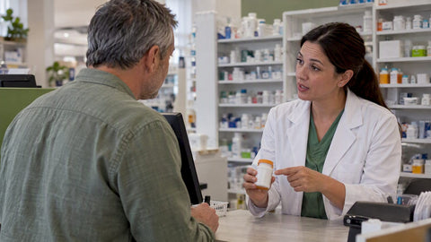 Man asking pharmacist about medication safety