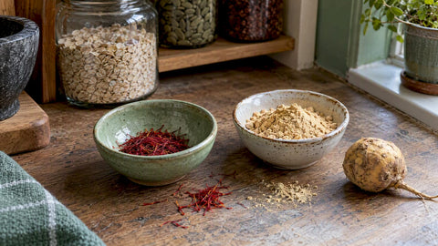 Saffron threads and maca root powder