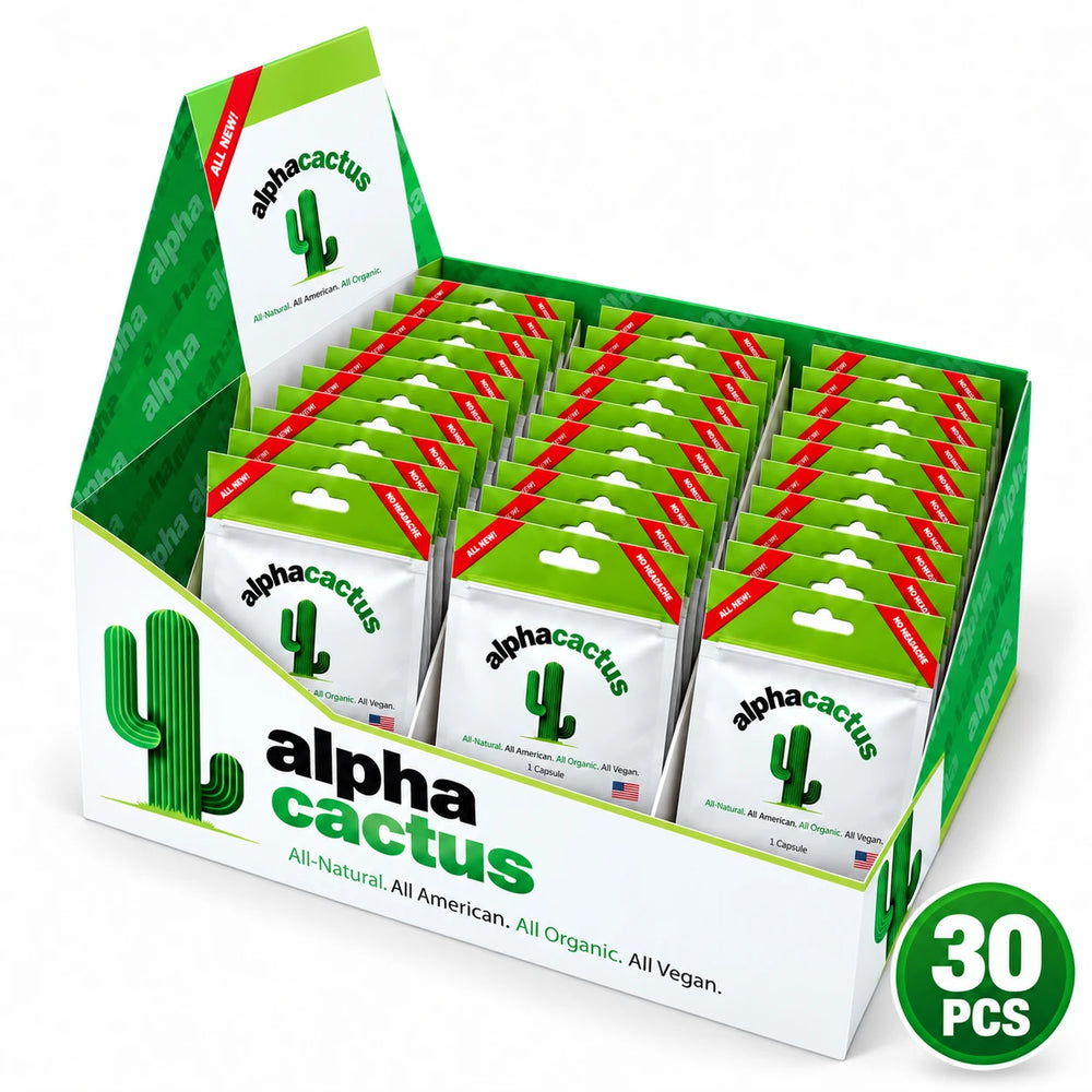 Alpha Cactus open display box containing 30 individual packets in three groups of ten.
